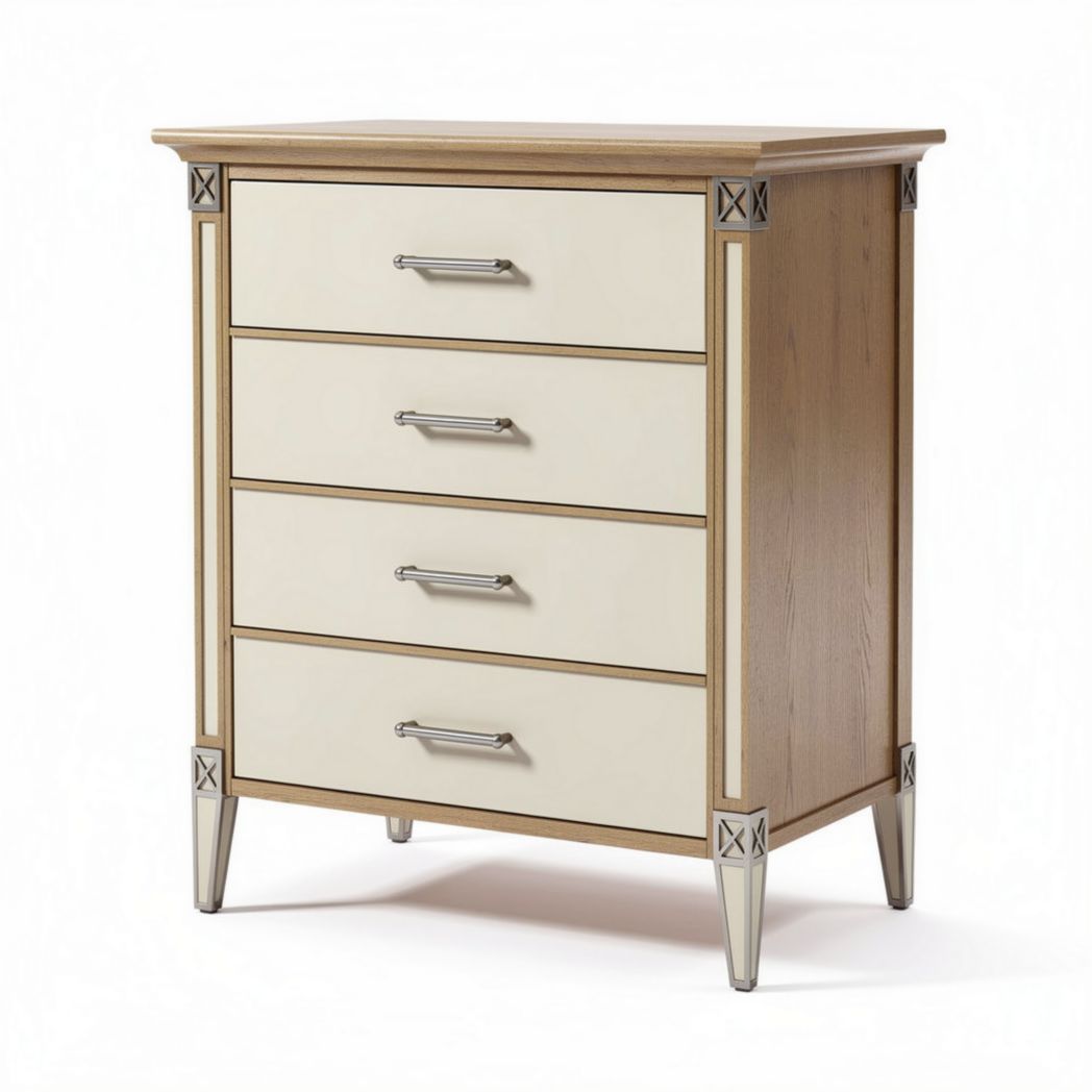 Wooden chest of drawers with four storage compartments in cream and oak finish 60 x 45 x 80cm