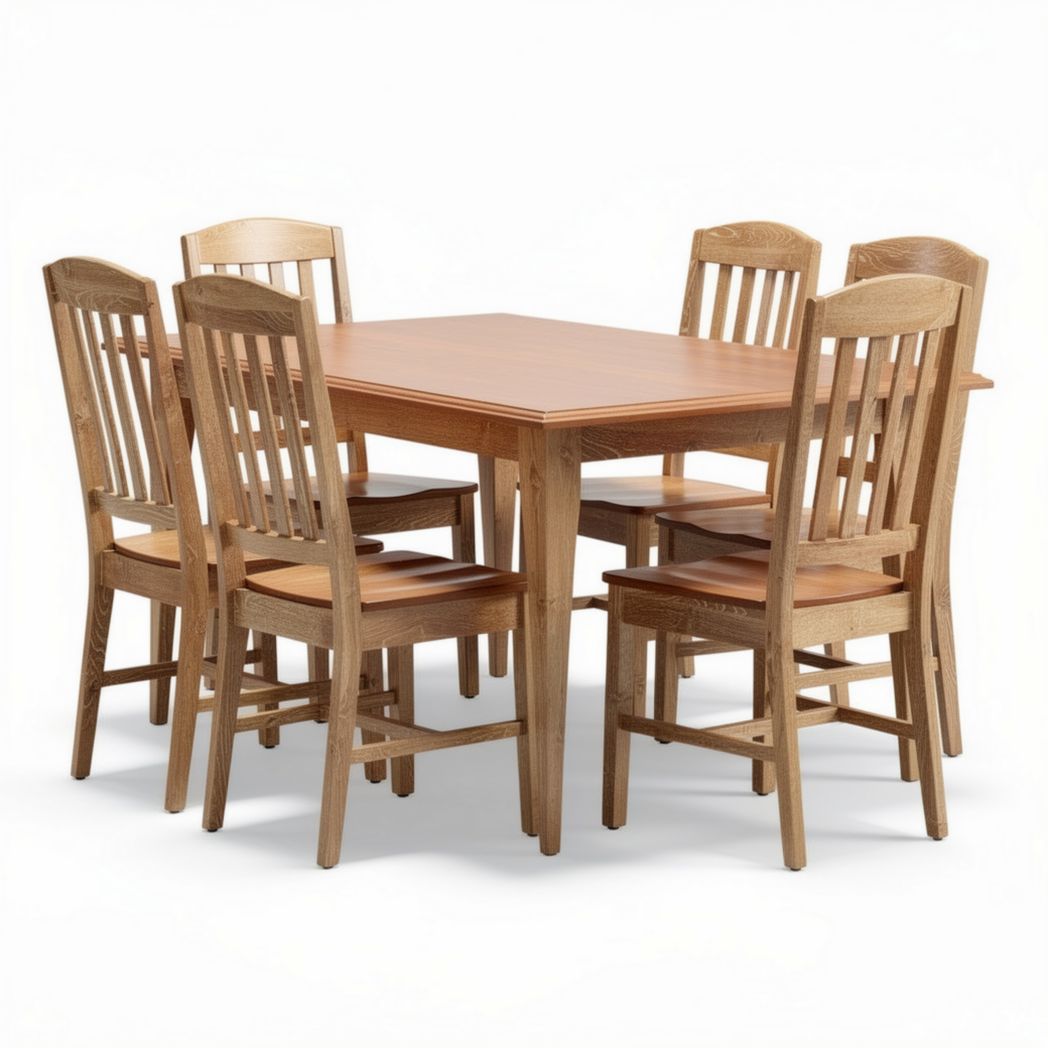 Solid wood dining table set with six chairs in natural finish 180 x 90 x 75cm