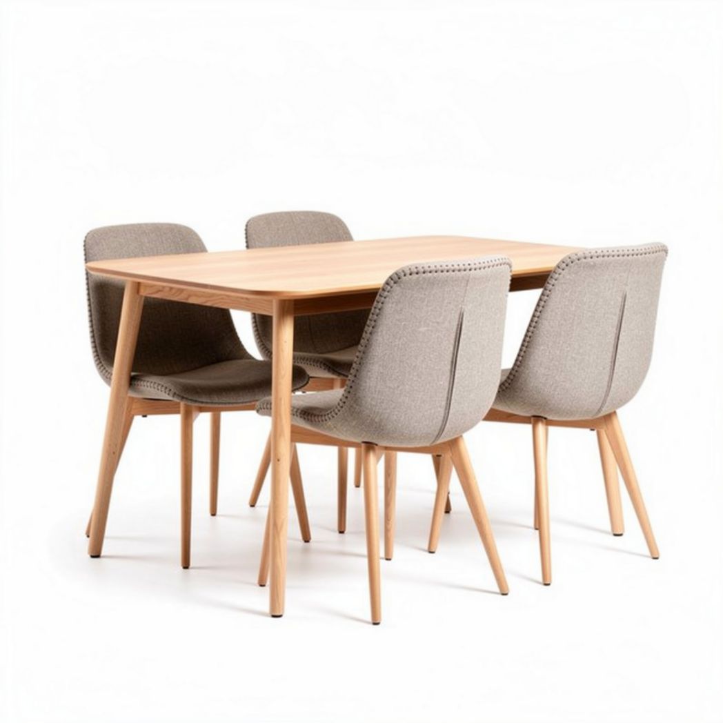 Dining table set with four upholstered chairs in light gray fabric and wooden legs 150 x 90 x 75cm
