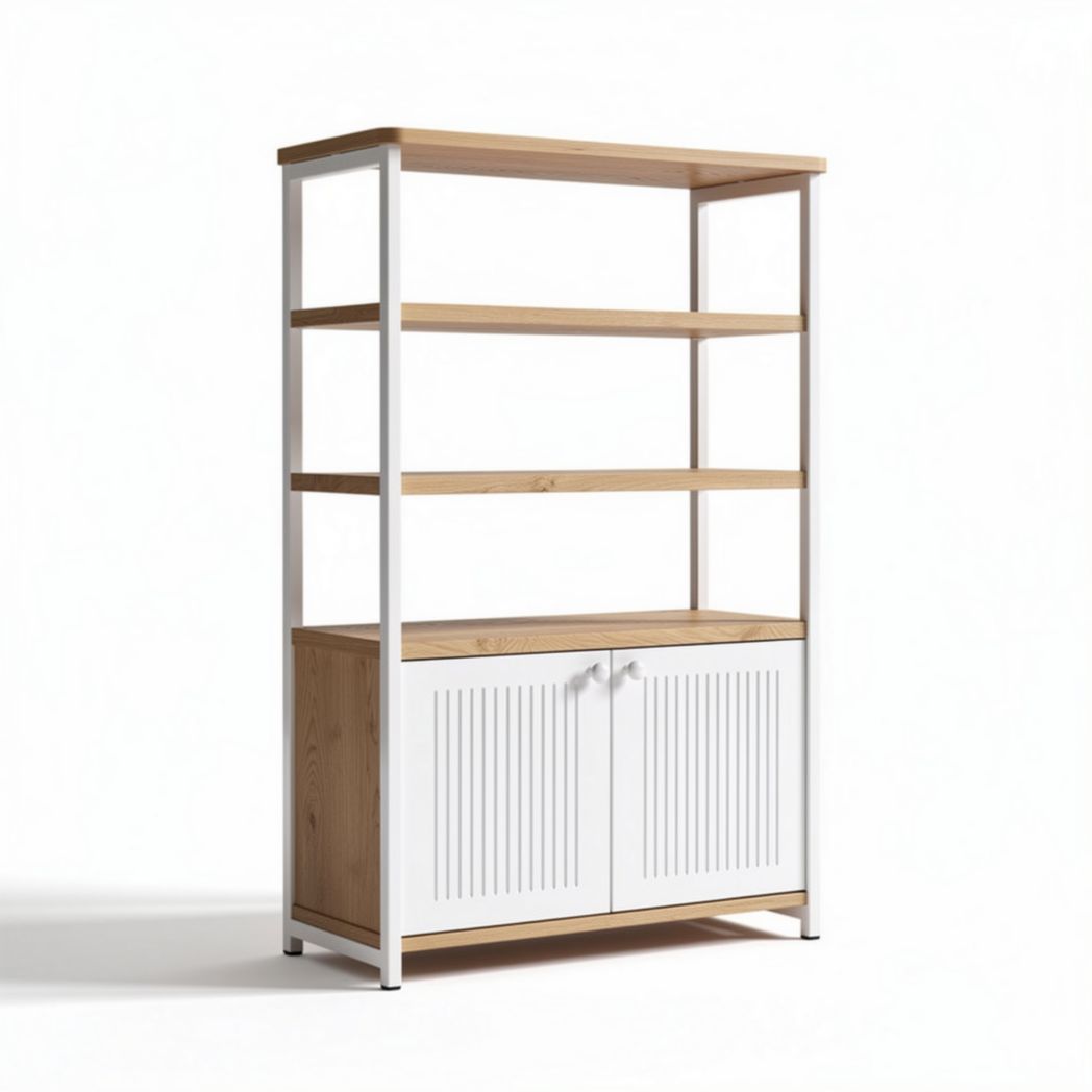 Wooden shelving unit with white metal frame and storage cabinets 100 x 40 x 180cm