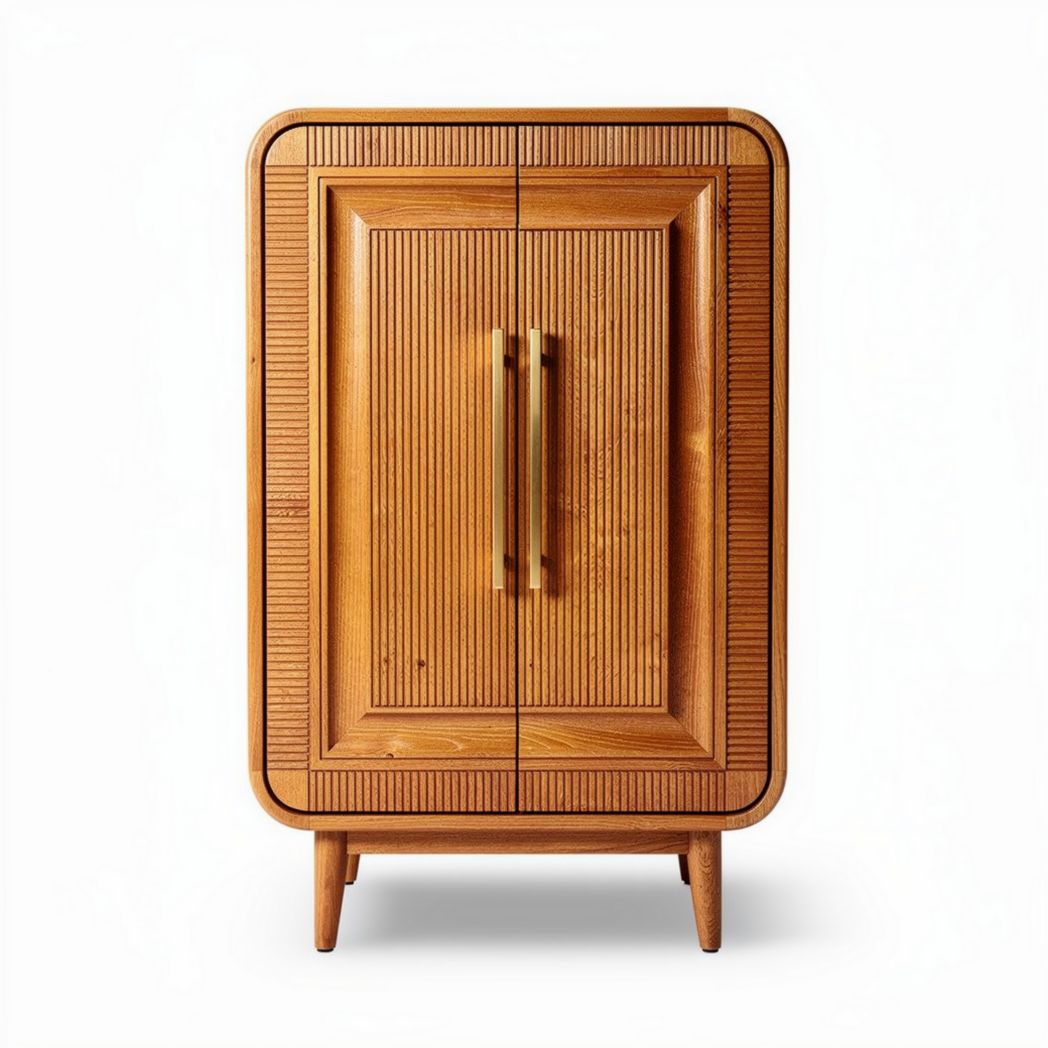 Wooden cabinet with double doors and ribbed design in natural finish 80 x 50 x 100cm