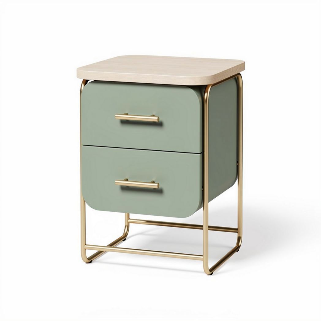 Wood and metal nightstand with two drawers in green and natural finish 40 x 40 x 60cm