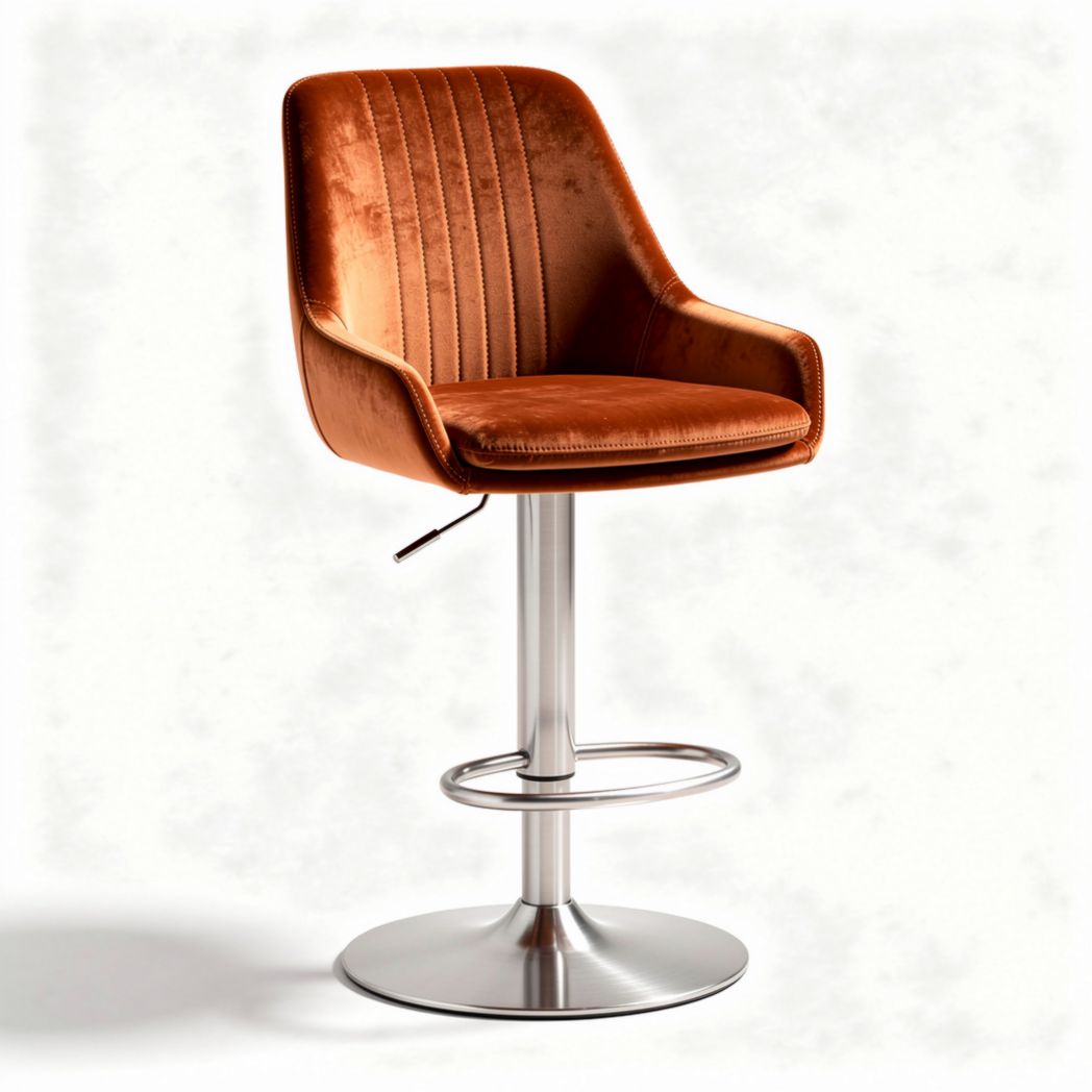 Orange velvet bar stool with adjustable height and stainless steel base