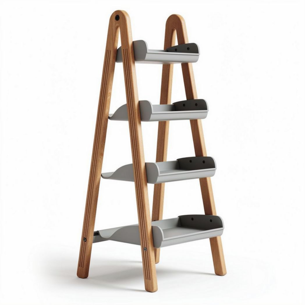 Wooden ladder shelf with four gray trays for plant display 60 x 40 x 120cm