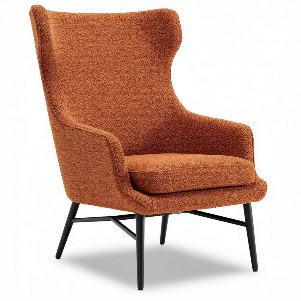 Armless accent chair in orange textured fabric with black metal legs 80 x 75 x 100cm