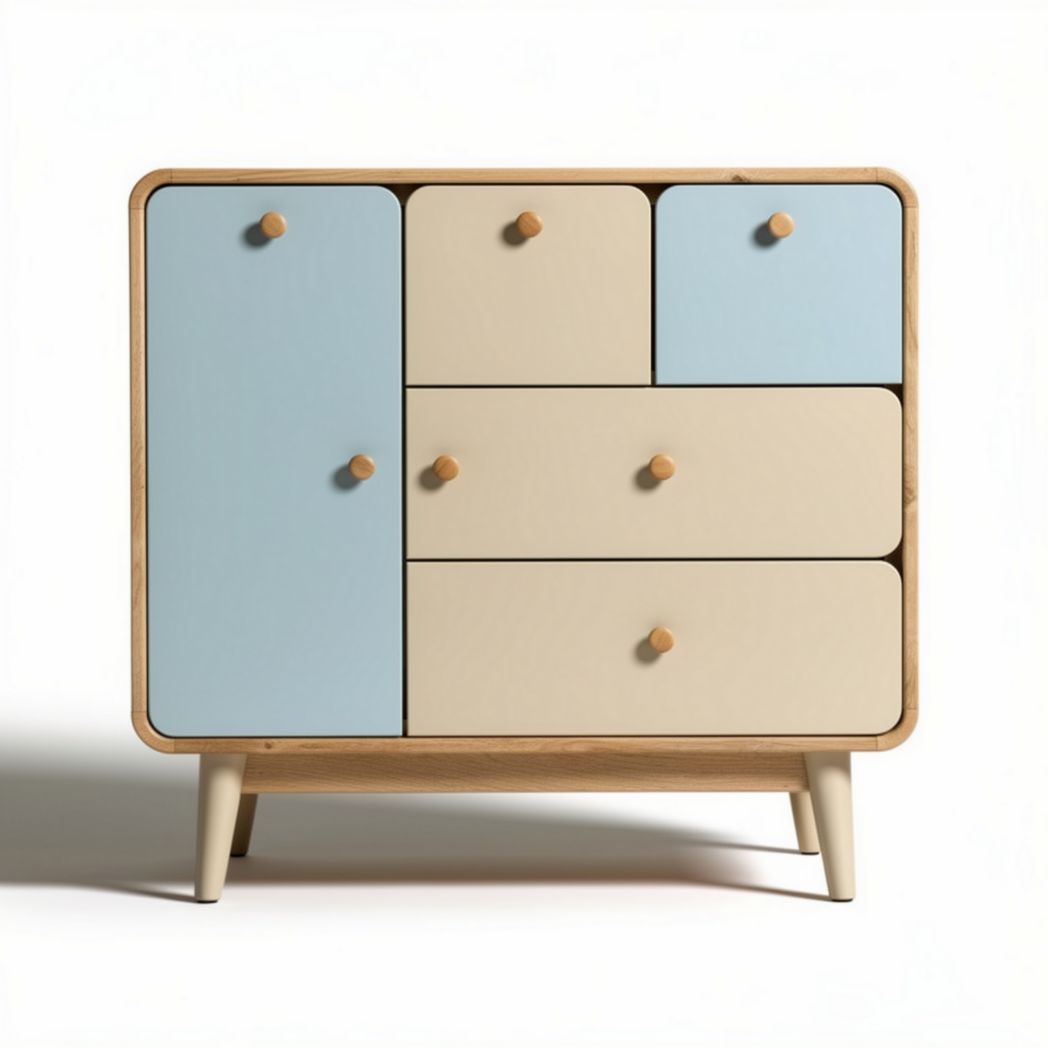 Wooden storage cabinet with four drawers and two doors in light colors 80 x 40 x 70cm