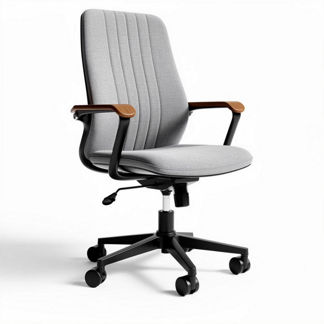 Adjustable gray office chair with wooden armrests and swivel base 50 x 60 x 100cm